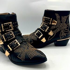 Designer Inspired Black and Gold Studded Ankle Boots